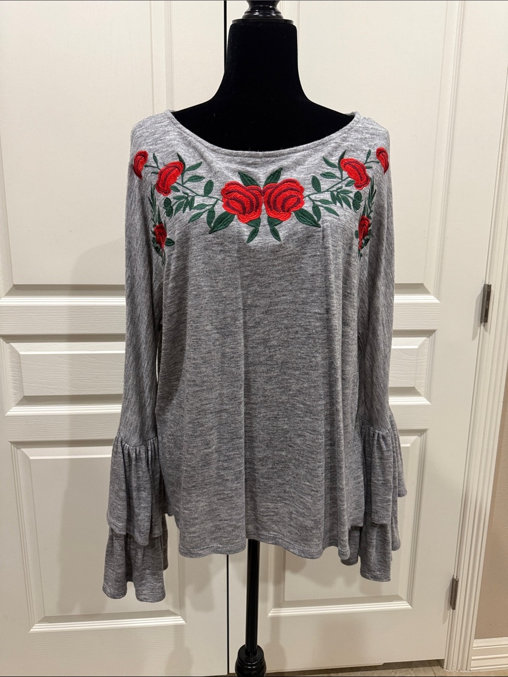 Umgee Gray Long Sleeve Top with Red Rose Embroidery and Tiered Bell Sleeves